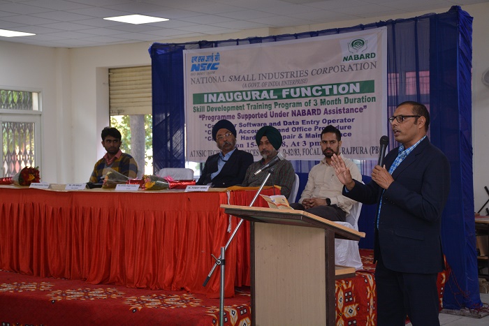 NTSC (Rajpura) in association with NABARD organized SKILL DEVELOPMENT TRAINING program on 15th Nov2018 . 100 nos of participants participated in the program. The Program was inaugurated by Shri J P S Ahuja ,AGM(DDM) ,Patiala in presence of Shri J S Sandhu ,President ,Micro Small and Medium Industries Association ,Rajpura  ,Shri Sashank Gaur ,Branch Manager, Andhra Bank,Rajpura ,Shri Puneet Verma ,Branch Manager ,PNB Rajpura and Shri Ram Kumar Yadav ,DGM and Centre Head NSIC Technical Services Centre ,Rajpura. Under the program NABARD is providing financial assistance to trainees undergoing skill development training courses such as Computer software and data entry operator ,Computer accounting and office procedure, Computer hardware repair and maintenance. Speaking on the occasion ,Shri J P S Ahuja, President, MSME Association (Rajpura) applauded the NSIC initiative and increase the frequency of such modules .He also requested NSIC to commence a Training program in association with NABARD on maintenance of Agri machinery implements like rotavator ,harvester, reaper, chopper, baler etc which is need of the farmers of Punjab at large. 