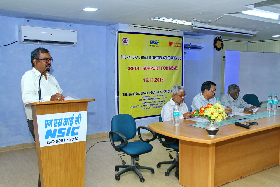 NSIC (Chennai) conducted a Seminar on the topic “ Credit Facilities to MSMEs” on 16th Nov 2018 in association with CDISSIA,Bank of Baroda. Sri R. Saravanakummar ,DGM, NSIC ,Sri T.V. Hariharan, President, CDISSIA,Shri K.Tirumal Rao, Asst. General Manager(SME Loan Factory, Chennai)- Bank of  Baroda and  Shri R. Gowrishankar – Chief Manager, Mylapore Branch, Bank of Baroda presided the program and disseminated the benefits of NSIC Bank Credit facilitation Scheme.  60 MSME units participated in the program.                                     