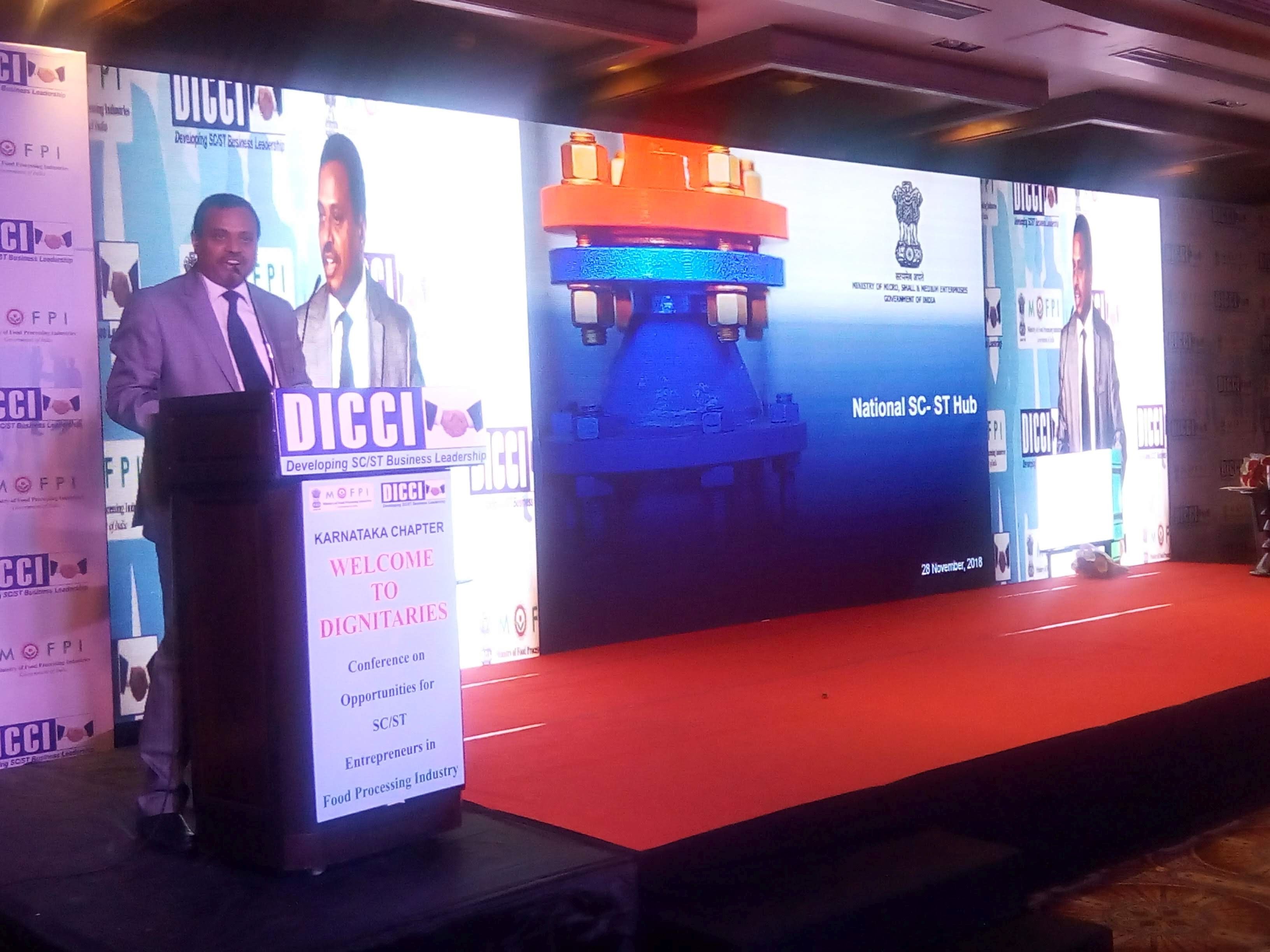 NSIC (Bangalore) in association with DICCI  participates  in the  Conference on opportunities for SC-ST Entrepreneurs in Food processing Industry . 350 SC-ST Entrepreneurs from all around Karnataka and others parts of India participated in the Meet. Shri P.Ravi Kumar,Zonal Head ,NSIC elaborated the benefits of  SC ST Hub on this occasion. 