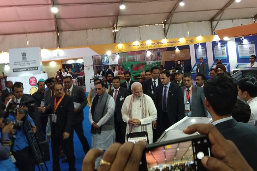 Hon'ble Prime Minister, Shri Narendra Modi graced the MSME Pavilion at Vibrant Gujarat wherein the constituents of the Ministry of Micro, Small and Medium Enterprises,Government of India exhibited live display of their innovative technologies and offerings for the Entrepreneurs, Youth, MSMEs. Shri Sudhir Garg, CMD, The National Small Industries Corporation Ltd.-NSIC and Shri. P. Udayakumar, DPM, NSIC applaud the NSIC team for the efforts put in by them to set up the live Display of technologies.