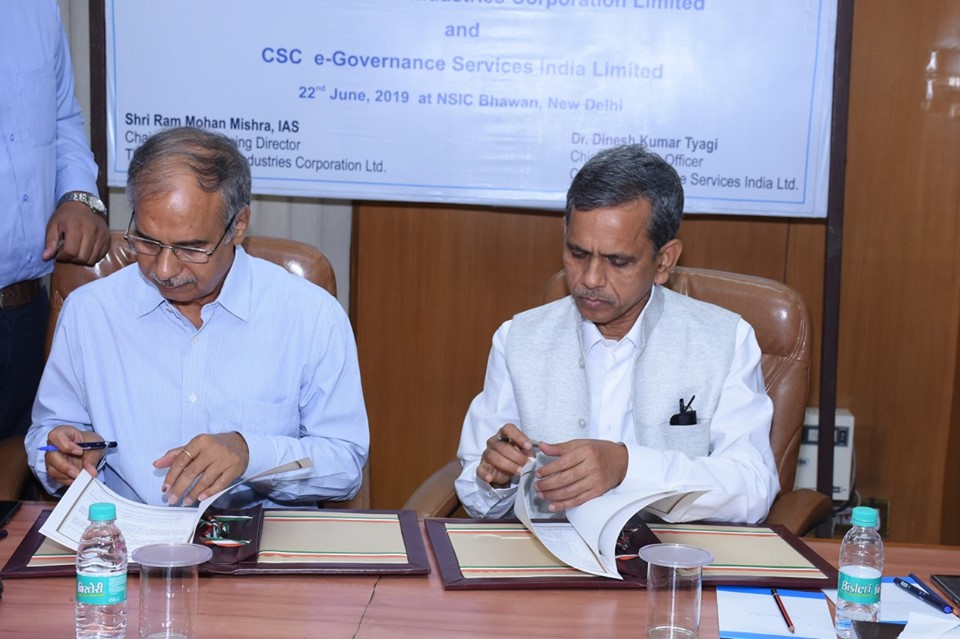 The National Small Industries Corporation Ltd.-NSIC signs MoU with Common Services Centers (CSC) e-Governance Services India for enhancing new offerings for the MSME sector by synergizing  each others competence.
The MoU was signed by Shri. Ram Mohan Mishra, AS&DC(MSME) and CMD, NSIC and  by  Dr. Dinesh Kumar Tyagi, CEO, CSC e-Governance Services India Limited on 22nd June 2019 at New Delhi.
Speaking on the occasion , Shri. Ram Mohan Mishra  stated that this MoU will have special focus on providing services to village level entrepreneurs (VLEs) and would to lead to exponential growth of Village Entrepreneurs in the country. The MoU will also enable CSCs to utilize plethora of NSIC offerings through the NSIC portal www.msmemart.com. 

Dr. Dinesh Kumar Tyagi said that CSC will facilitate VLEs and MSMEs through digital empowerment in accessing NSIC integrated support services encompassing Marketing, Finance, Technology and other offerings.
