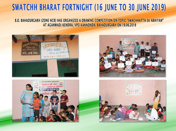 B.O. Bahadurgarh (Zone NCR) has organized a drawing competition on topic "Swachhatta Ek Abhiyan" at Aganwadi Kendra, VPO Kannonda, Bahadurgarh on 19.06.2019