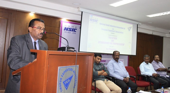 Sh. P. Udayakumar, Director (Planning & Marketing) NSIC was the chief Guest in the special program on “Role of NSIC and Interventions for Tiruppur Textile Cluster”. The event was organized by NSIC in association with Tiruppur Exporter’s Association. DPM briefed about the schemes of NSIC and highlighted the importance of tender marketing scheme of NSIC for catering the requirement of CPSE and State Government PSUs, by participating in their tenders by MSEs either directly or through NSIC for bagging the high value orders. DPM mentioned about the supply of cotton & Yarn through NSIC under RMD scheme. Possibility of new interventions and aggregation in the service area of technology support, logistics tie-up, Insurance and E-commerce was also discussed during the event to strengthen the business of MSMEs.

