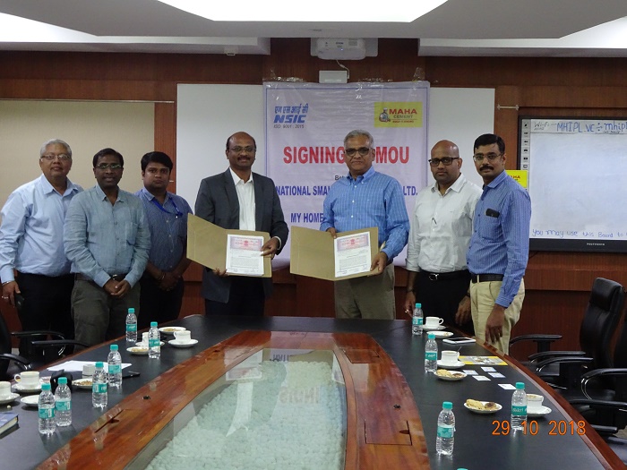 MOU has been signed between NSIC Ltd. and M/s. My Home industries Private Limited, for supply of Cement of various grades of “Maha Cement” brand (one of the leading cement brand in Southern India) to the MSME units. The MOU was signed by Sh. K. Srinivas, Zonal Head, South II, NSIC Ltd., Hyderabad and Shri K. Vijay Vardhan Rao, President (Marketing), M/s. My Home industries Private Limited at their registered office at Madhapur, Hyderabad on 29/10/2018.