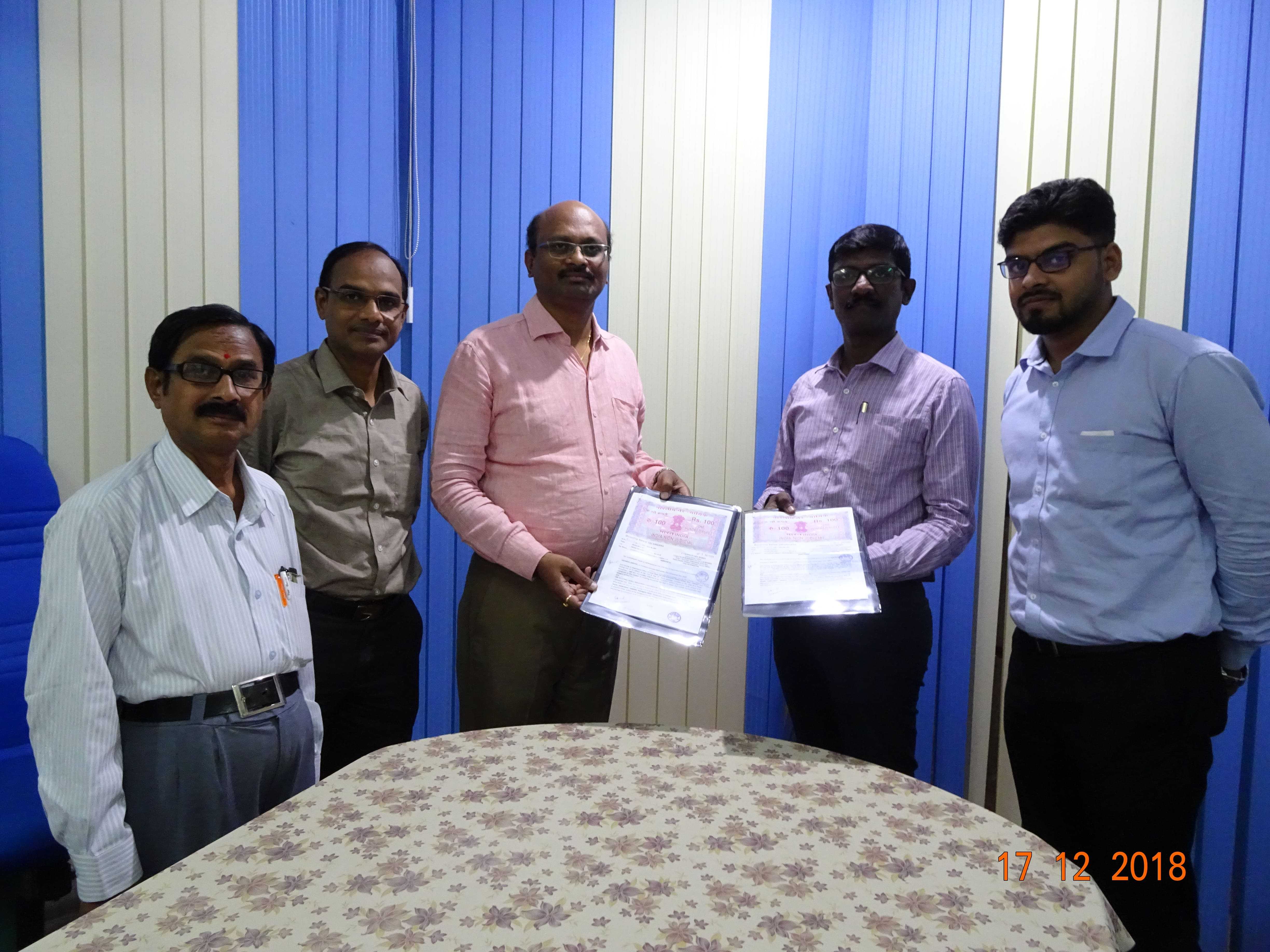 An MOU has been signed with M/s.Vedanta Limited - Sterlite Copper and NSIC, Hyderabad on 17.12.2018 for Warehousing of Copper to undertake unloading, stocking and loading under Agency Sales activity.  The MOU has been signed by Mr. K..Srinivas, Zonal Head, South-II, NSIC and Mr. S. Annamalai, Regional Manager (Sales & Marketing), Vedanta Limited – Sterlite Copper.