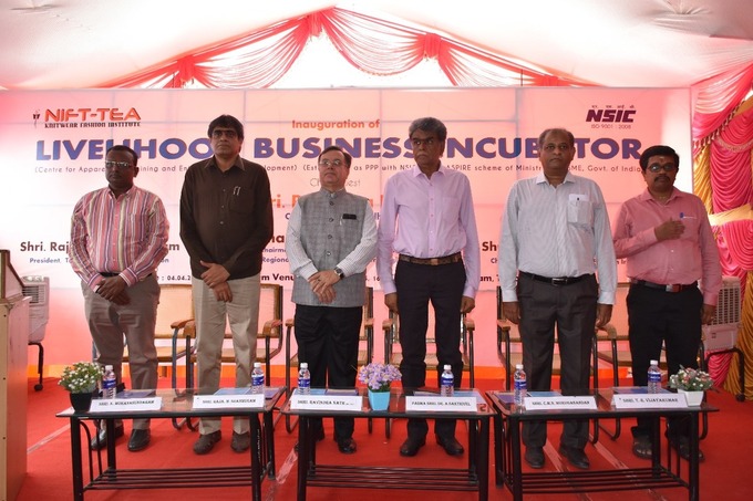 Mr. Ravindra Nath, CMD, NSIC inaugurated the Livelihood Business Incubator (LBI) (Centre for Apparel Skill Training and Entrepreneurship Development) in presence of Padma Shri Dr. A. Sakthivel, Chairman, AMHSSC, Mr. M. Shanmugham, President, Tripur Exporters Association, Mr.CMN Muruganandan, Chairman, NIFT-TEA Institute and office bearers of other industry associations of Tripur. Mr. Satvinder Singh, Chief General Manager (Technology) and Mr. Vidya Sagar, Zonal General Manager and other officers of NSIC were present during inauguration of LBI. The centre established by NIFT-TEA in partnership with NSIC in Tripur under the ASPIRE Scheme of Ministry of MSME, Govt. of India.