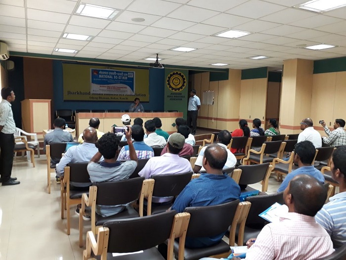 An Awareness Campaign on Public Procurement Policy for SC/ST Entrepreneurs was organized at Udyog Bhawan, Kokar Industrial Area, Ranchi on 9th May'2018 by NSSHO-Ranchi in association with Tribal Indian Chamber of Commerce & Industries (TICCI). Total 25 SC-ST entrepreneurs/aspiring entrepreneurs participated in the event. Information on Sambandh and Samadhan portals was also shared with them. 