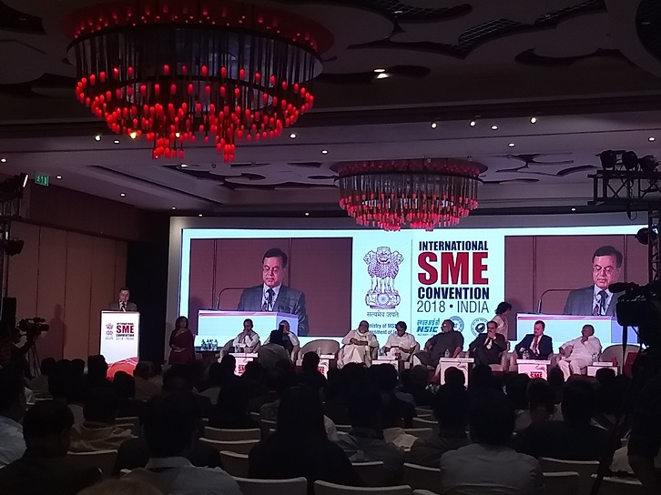 Shri Ravindra Nath,CMD, NSIC delivering the Valedictory Address at the International SME Conference 2018 (New Delhi ).The Conference was inaugurated by Shri Suresh Prabhu,Hon'ble Minister of Commerce & Industry along with Shri Giriraj Singh, Hon'ble Minister of MSME ( I/C) in the presence of Shri M.J.Akbar, Hon'ble Minister of State ( External Affairs).Also present on this occasion were Dr.A.K.Panda, Secretary (MSME) and Ms.Alka Arora,JS (MSME) and Representatives of Industry Associations from all over the country.Delegates from33 foreign countries participated in this conference.