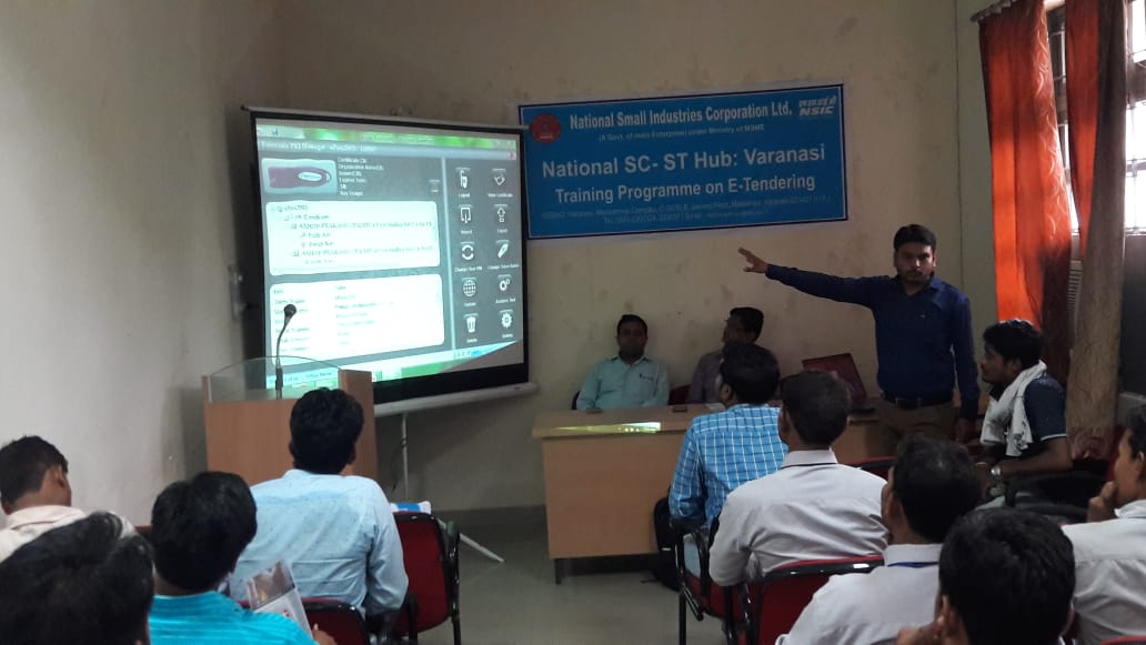 NSSHO Varanasi has organized E-Tender training program at conference hall of MSME-DI, Industrial Estate, Varanasi in association with M/s Indo Danish Tool Room Jamshedpur Extn Centre Varanasi for SC/ST, on 08.06.2018. During the programme Shri V.K.Verma- Dy. Director (I/c)-MSME DI Varanasi, Shri Anshuman Gupta-Asst. Director- Ministry of Textile, Office of Development Commiasioner for Handloom, Varanasi were present.  Shri  Ashish Prakash Upadhyay- E-Tendering  Consultant) has explained the procedure of  E-Tendering .Shri R.K.Hajela has explained the NSIC Schemes and Public Procurement Policy 2012 . A film on SC-ST hub was played during the programme.  During the training program  19  no of SC , 01 No of ST and 10 No of General   participants were present . At the time of training all the participants have the Interactive session of E-Tendering.