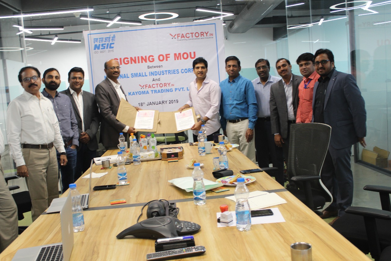 MOU has been signed between NSIC Ltd. and XFactory.In (M/s.Kayoma Trading Pvt. Ltd.) online raw material supplier for supply of various raw materials like Steel (CR / HR / Angles / Plates), TMT Re-Bars, Plumbing, Doors & Windows, Fasteners, Electrical Fittings, Kitchen Supplies, Cement, etc. to the MSME units. The MOU was signed by Sh.K.Srinivas, Zonal Head, South II, NSIC Ltd., Hyderabad and Sh.Rajiv Madhavan, Managing Director & CEO, XFactory.In (M/s.Kayoma Trading Pvt. Ltd.) at their registered office at Madhapur, Hyderabad on 18/01/2019.