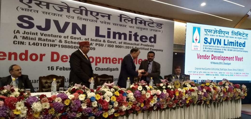 Shri P. Udayakumar, Director (Planning & Marketing), NSIC was the Guest of Honour in the National VDP programme organised by SJVN (A Joint Venture of Govt. of India & Govt. of Himachal Pradesh) a Schedule Mini Ratna Power sector PSU in Chandigarh on 16th Feb, 2019. DPM gave a presentation on the various schemes of Ministry of MSME and he lauded the efforts of SJVN who has achieved 59% and 15.31 % against 25% and 4% annual procurement targets from MSEs and SC/ST units respectively. 
DPM also discussed with Mr. V.K Bansal, Director (Power) SJVN about the synergies to develop business models with SJVN on procurement for their domestic requirements and JV requirements in Bhutan and Nepal which will increase the presence and business of NSIC. 
