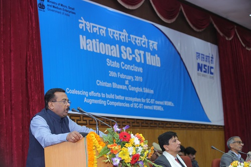 NSIC, National SC-ST Hub Guwahati in association with Forum of SC and ST Legislatures and Parliamentarians conducted state SC/ST conclave on the 26.02.2019 at Chintan Bhawan, Gangtok, Sikkim. Conclave was graced by Shri.Ganga Prasad, the Hon’ble Governor of Sikkim who was the chief guest of the event and Shri.Shakti Singh, Hon’ble Mayor, of Gangtok, Sikkim was the guest of Honour. Also on the dias were present Shri.Rakesh Sarwal, Add. Secretary, Ministry of Food Processing, govt. of India; Dr.Thomas Chandy, Principal Secretary, Commerce & Industries, Govt. of Sikkim; Shri.P.Udaya Kumar, Director (P&M), NSIC New Delhi and Dr. Avinash Choudhary, ZGM(NE), NSIC, Guwahati. During the inauguration session, Shri. P.Udayakumar, Director (P&M), NSIC New Delhi gave the special address wherein he mentioned the inception of NSSH and its prime objective of the Hub. He mentioned that new intervention have been created for skill development in the form of reimbursement of their training fee, reimbursement of their credit support processing fee, reimbursement of BG commission charges, Reimbursement of membership under export council and also reimbursement of quality certification charges. He also informed that NSIC is open to new suggestion in order to create a better ecosystem for the SC and ST entrepreneurs and creating a better support system for them. He also look forward for a close coordination with state government in this initiative. During the inauguration session, there were also speech from Dr.Thomas Chandy, Principal Secretary, Commerce & Industries, Govt. of Sikkim ; Shri.Rakesh Sarwal, Add. Secretary, Ministry of Food Processing, govt. of India; Shri.Shakti Singh, Hon’ble Mayor, of Gangtok, Sikkim and followed by the presidential speech from Shri.Ganga Prasad, the Hon’ble Governor of Sikkim. In his presidential speech, the Hon’ble Governor of Sikkim mentioned that there is ample opportunity for entrepreneurs and startup as the state has lots to offer. He suggested that the units should have employability for generation of jobs for unemployed youth of the state. He mentioned that there should be proper coordination with state government for a better and constructive result. He expressed his appreciation for the event and said that this is a very good opportunity for entrepreneurs and aspirants which the government has offer and maximum benefits should be taken from this National SC-ST Hub scheme.  Conclave was attended by more than 400 participants.