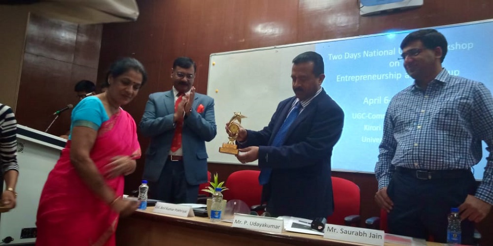 Shri. P. Udayakumar, Director (Planning & Marketing) was the Chief Guest and inaugurated the workshop on “National workshop on Entrepreneurship and Start-up” on April 6, 2019 organised by UGC-Community College, Kirori Mal College, University of Delhi.  

Shri P. Udayakumar delivered the keynote address and spoke about the future of Start-ups in India and how new entrepreneurs can be benefitted from the “Emerging Areas for Employment”” like E-Commerce , Artificial Intelligence (IA)- ITES- ITES, Information Technology Enabled Service , Internet of Things (IoT) , Robotics, Defence production, Food processing, Organic Farming, Web Designing, Branding etc 

DPM also gave an insight on the present Job scenario in India & options available for the livelihood. In this regard various schemes of Ministry of MSME and NSIC for the promotion of Entrepreneurship in India were explained to the audience. 

Workshop was attended by more than 60 faculty members and students of University.  
