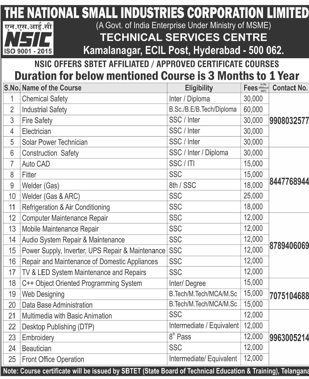 NTSC Hyderabad got approval from SBTET , Telangana (State Board Of Technical Education And Training) for conducting various certificate course in engineering department which includes mechanical, electrical, electronics, computer science and management  disciplines. duration of course is minimum  of 6 months to 1 year. At the end of successful completion of course we support them getting placement in core field. 